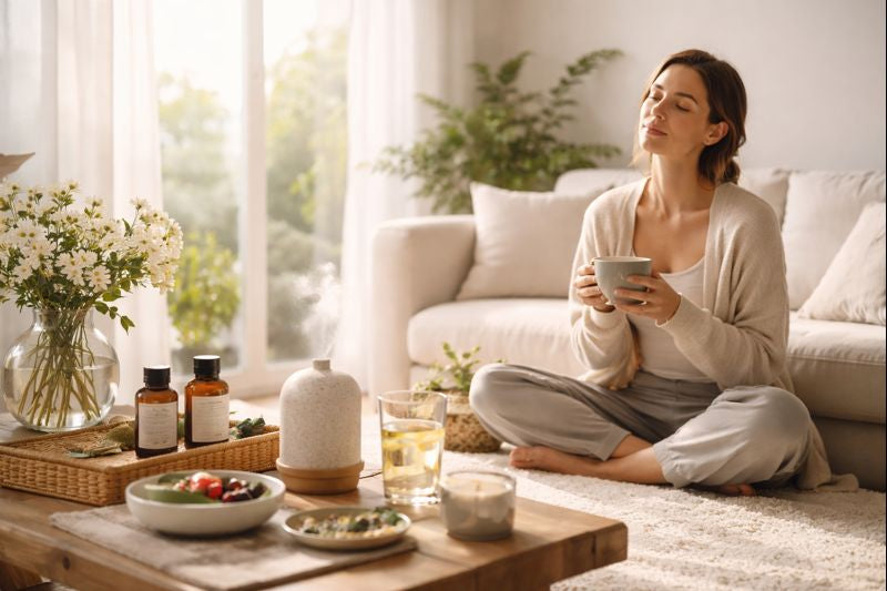 Woman practicing a calm morning wellness routine at home, reflecting balance and daily rhythm
